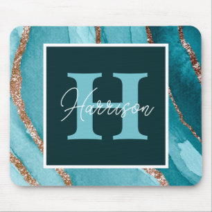 Teal &Gold Glitter Alcohol Ink Monogram and Name  Mouse Mat