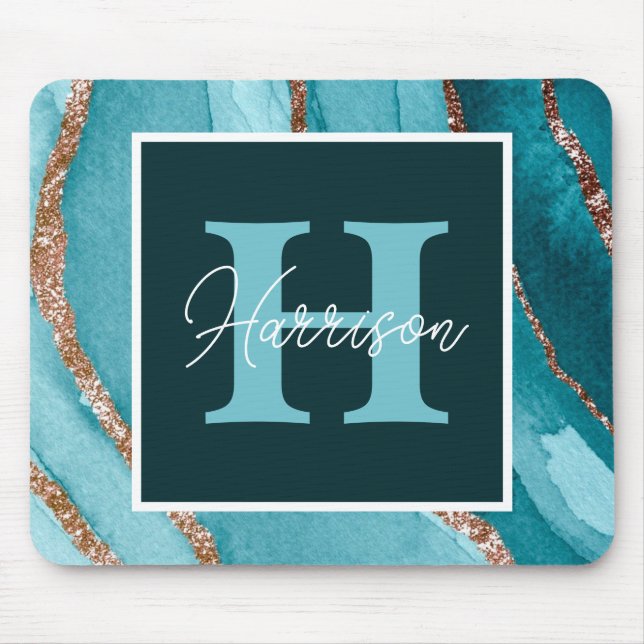 Teal &Gold Glitter Alcohol Ink Monogram and Name  Mouse Mat (Front)