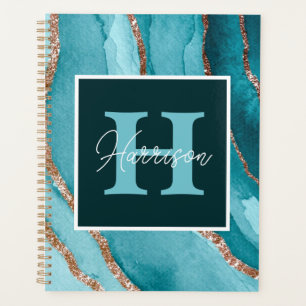 Teal &Gold Glitter Alcohol Ink Monogram and Name Planner