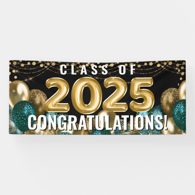 Teal Gold Glitter Balloons Class 2022 Graduation Banner (Horizontal)