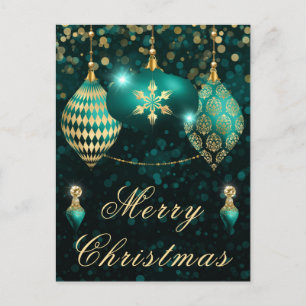 Teal & Gold glitter Baubles Christmas Holiday Postcard
