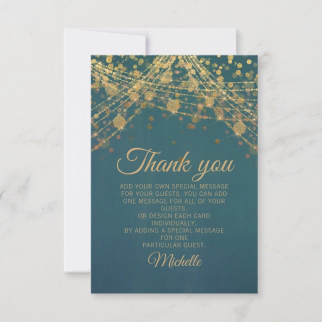 Teal Gold Glitter Bokeh Birthday Party Thank You (Front)