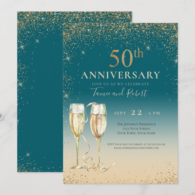 Teal Gold Glitter Champagne 50th Anniversary Invitation (Front/Back)