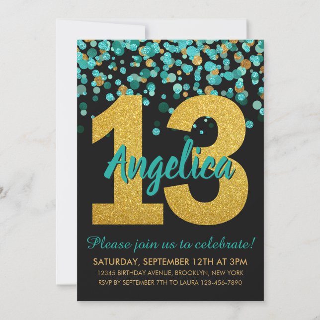 Teal Gold Glitter Confetti Black 13th Birthday Invitation (Front)