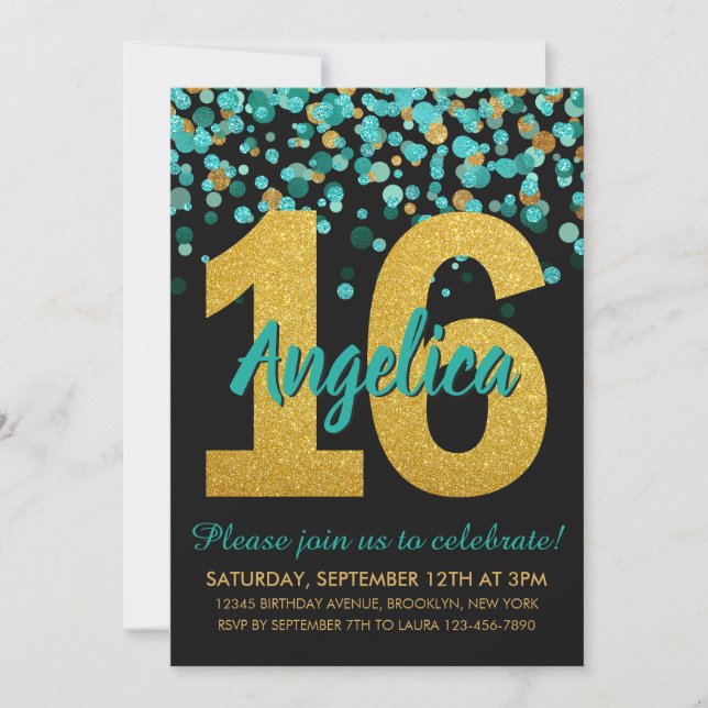 Teal Gold Glitter Confetti Black Sweet 16 Birthday Invitation (Front)