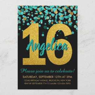 Teal Gold Glitter Confetti Black Sweet 16 Birthday Invitation