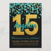 Teal Gold Glitter Confetti Quinceañera 15 Birthday