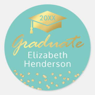 Teal Gold Glitter Graduate Graduation Classic Round Sticker