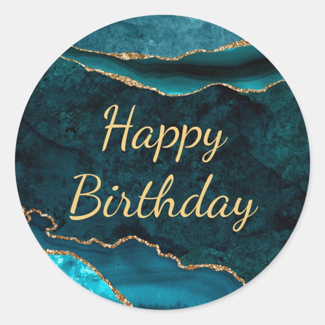 Teal & Gold Glitter Marble Agate Birthday Classic Round Sticker (Front)