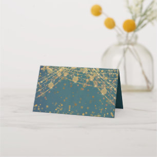 Teal Gold Glitter String Lights Bokeh Place Card