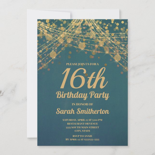 Teal Gold Glitter String Lights Sweet 16 Birthday Invitation (Front)