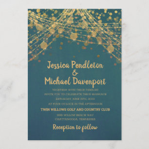 Teal Gold Glitter String Lights Wedding Invitation