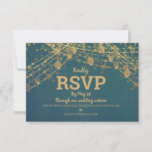 Teal Gold Glitter String LIghts Wedding RSVP Card