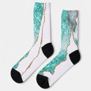 Teal Gold Glitter White Socks