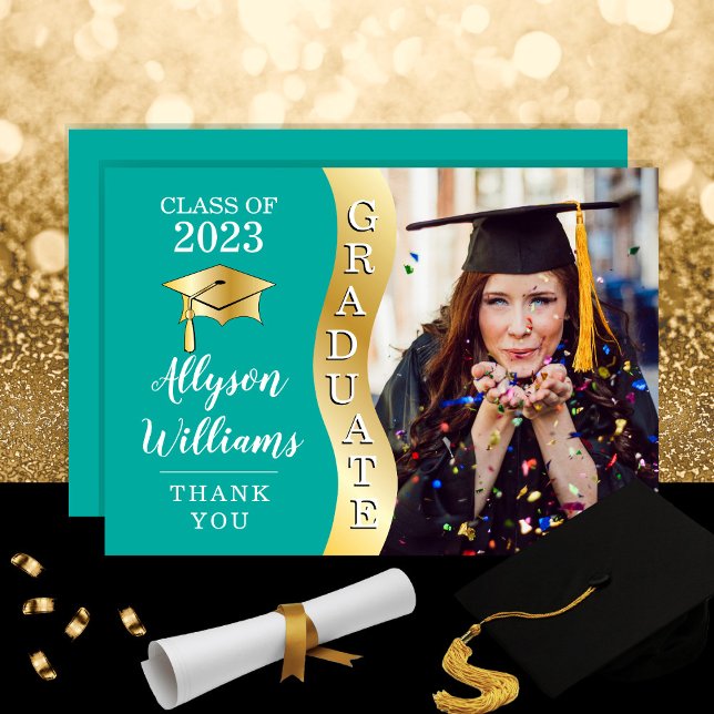 Teal | Gold Graduate Wave Grad Cap Photo Thank You Card (Creator Uploaded)