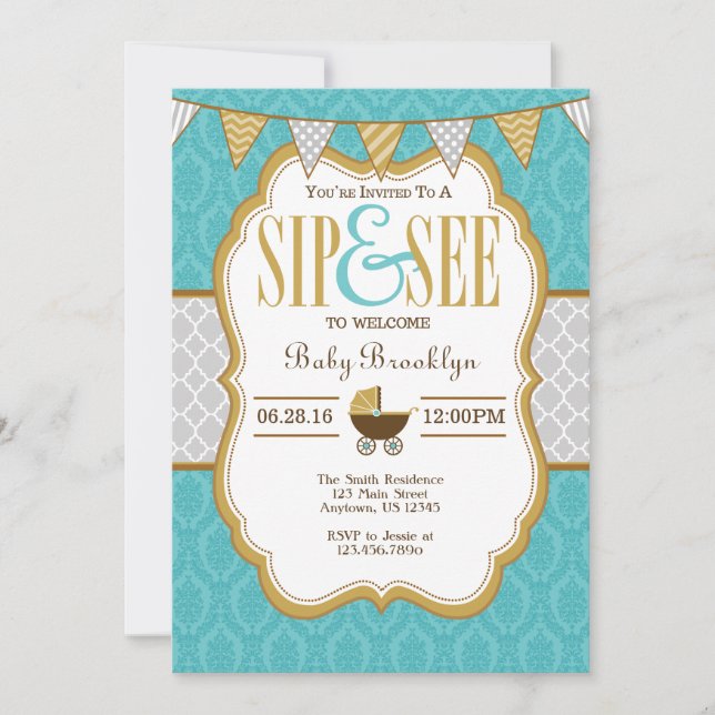 Teal Gold Grey Grey Sip And See Invitation (Front)