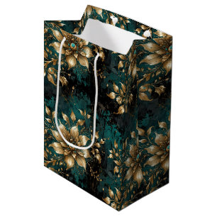 Teal & Gold Grunge Floral Medium Gift Bag