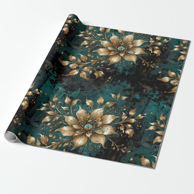 Teal & Gold Grunge Florals Wrapping Paper (Unrolled)