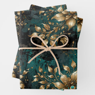 Teal & Gold Grunge Florals Wrapping Paper Sheet