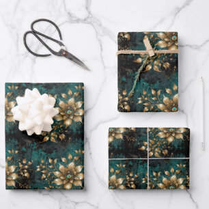 Teal & Gold Grunge Florals Wrapping Paper Sheet