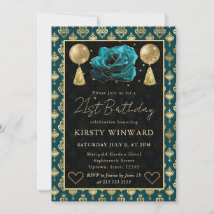 Teal & Gold Heart Damask & Rose 21st Birthday Invitation