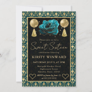 Teal & Gold Heart Damask & Rose Sweet 16 Invitation