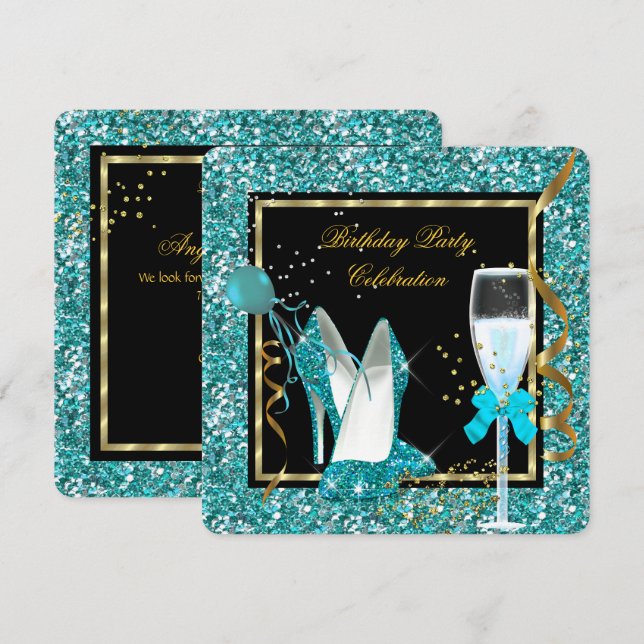 Teal Gold High Heels Glitter Birthday Black Invitation (Front/Back)