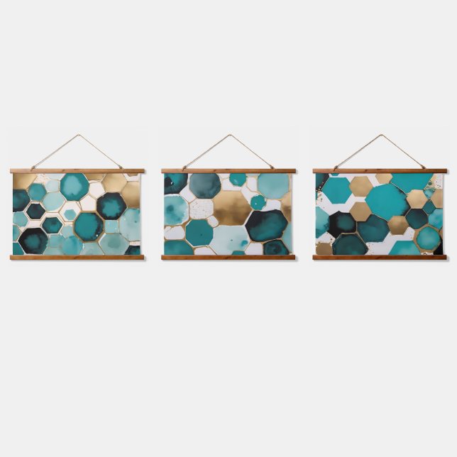 Teal & Gold Honeycomb Grunge Watercolor Hanging Tapestry (Triple)