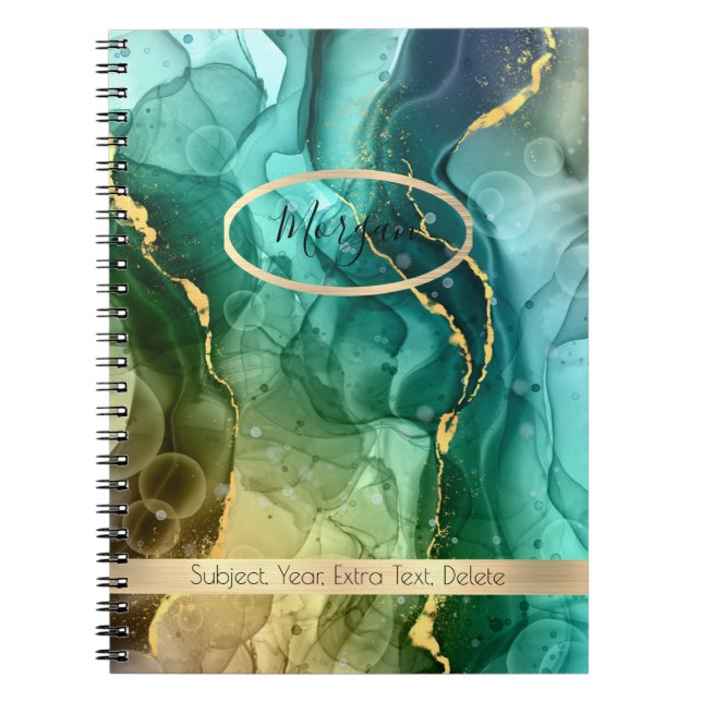 Teal & Gold Ink Abstract, Name/Subject Notebook (Front)