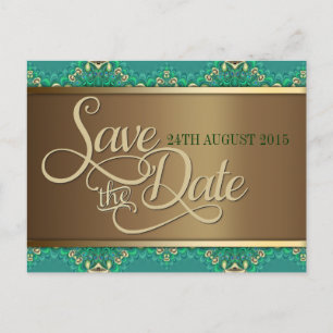 Teal Gold Lace Border Save the Date Postcard