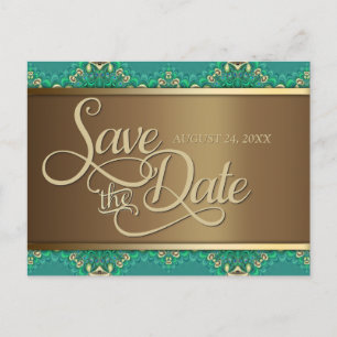 Teal Gold Lace Border Save the Date Postcard