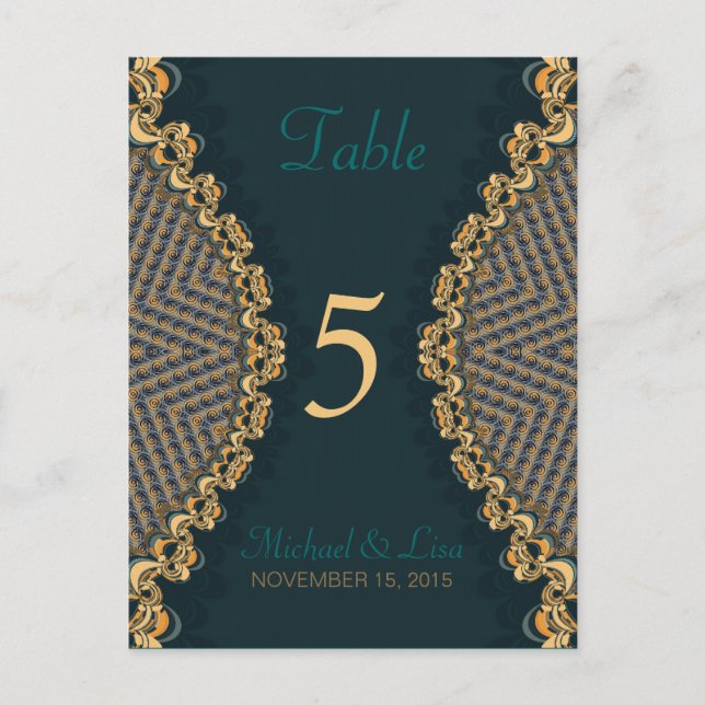 Teal+Gold Lace Guest Table Number & Menu Postcard (Front)