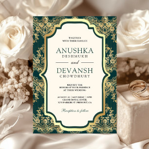 Teal Gold Lace Indian Wedding Invitation