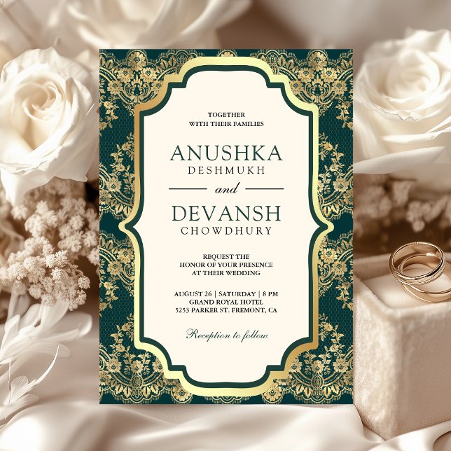 Teal Gold Lace Indian Wedding Invitation (Creator Uploaded)
