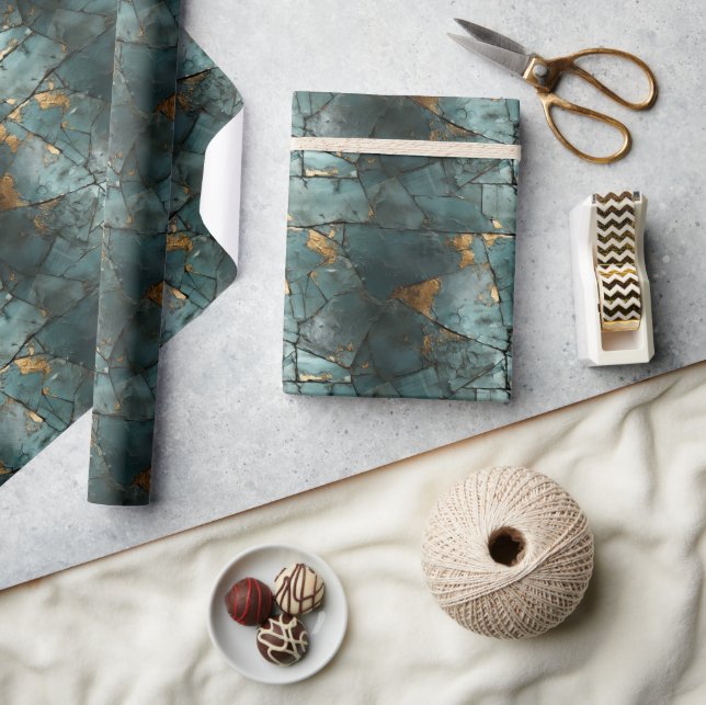 Teal & Gold Leaf Distressed Patina Pattern Design Wrapping Paper (Crafts)