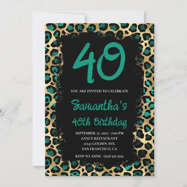 Teal Gold Leopard Painted Black 40th Birthday Invitation (Front)