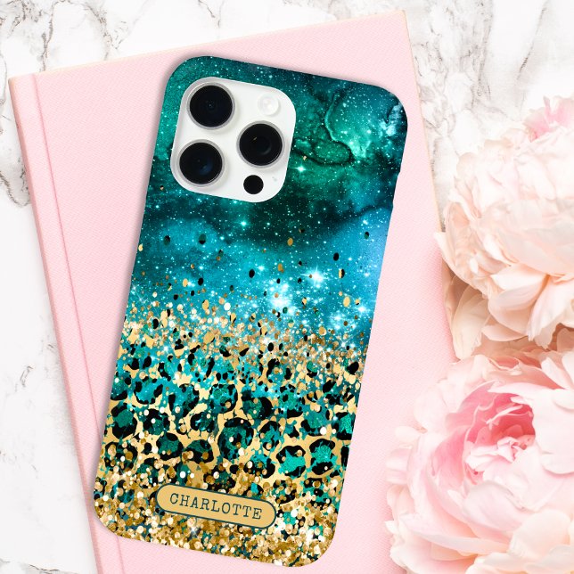 Teal Gold Leopard Print  Galaxy Personalised Name Case-Mate iPhone Case (Creator Uploaded)