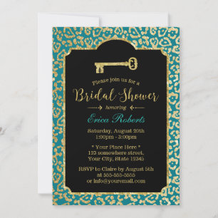 Teal & Gold Leopard Skeleton Key Bridal Shower Invitation