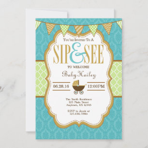 Teal Gold Lime Green Sip And See Invitation