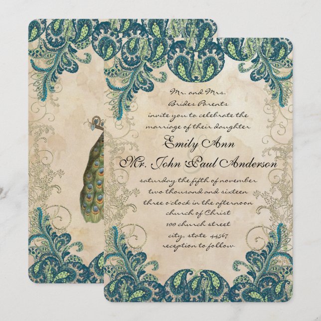 Teal Gold & Lime Peacock Wedding Invitations (Front/Back)