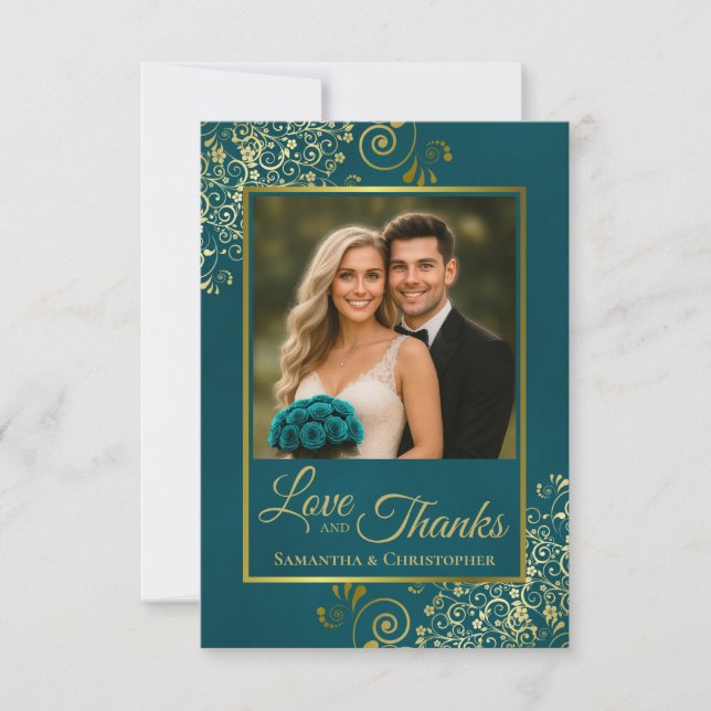Teal & Gold Love & Thanks Photo & Note Wedding Thank You Card (Front)