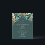 Teal Gold Luxe Floral Wedding Menu Card<br><div class="desc">Our ''Teal Gold Luxurious Floral'' collection features rich watercolor backgrounds in emerald and sapphire with roses in same colours and gold foliage. Decorative letters are a part of a custom script but can be incorporated in a monogram design upon your request. This collection spreads across wedding, office and personal items....</div>