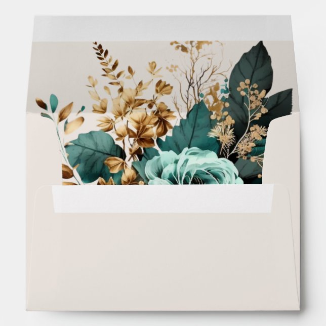 Teal Gold Luxe Floral Wedding Return Address Envelope (Back (Bottom))
