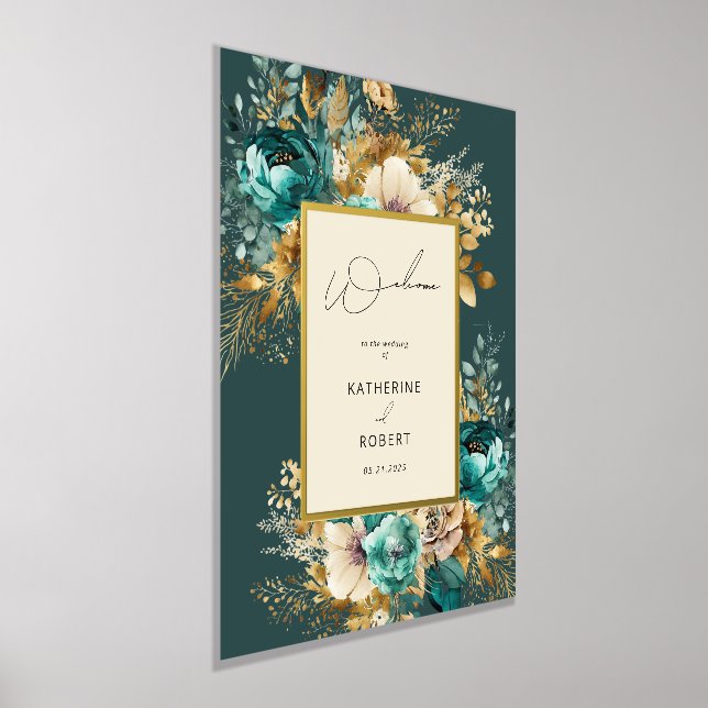 Teal Gold Luxe Floral Wedding Welcome Foil Prints (Laydown)