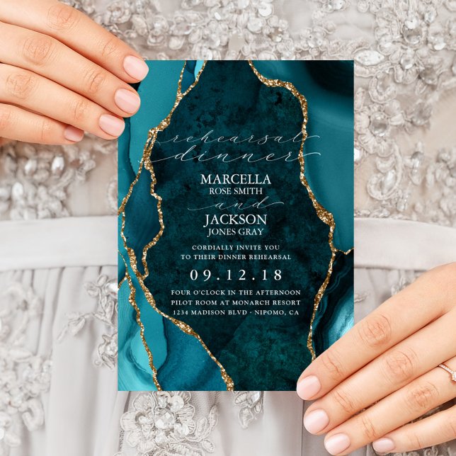 Teal, Gold & Marble Agate Dinner Rehearsal Invitation (Creator Uploaded)