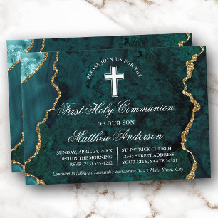 Teal Gold Marble Agate Geode First Communion Invitation