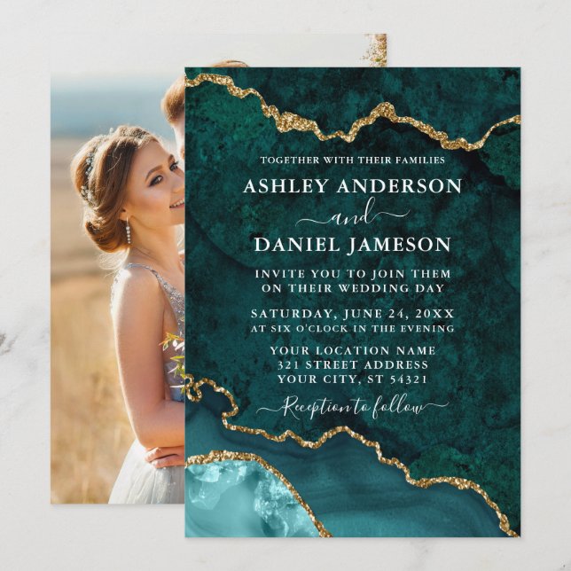 Teal Gold Marble Agate Geode Photo Wedding Invitation (Front/Back)