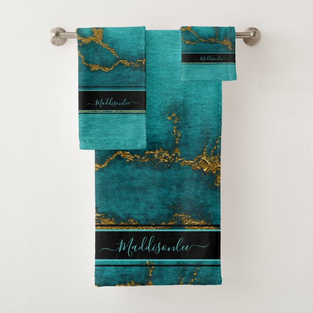 Teal Gold Marble Agate Monogram Name Custom Bath T Towel Set (Insitu)