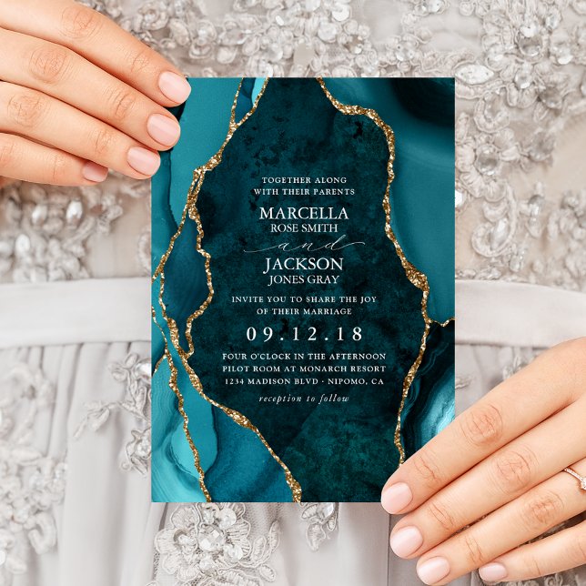 Teal & Gold Marble Agate Wedding Invitation (Creator Uploaded)
