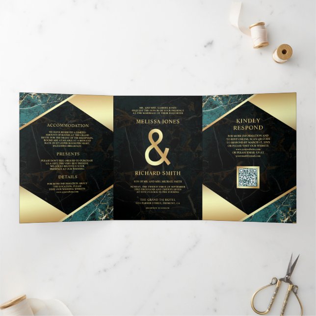 Teal Gold Marble Ampersand QR Code Wedding Tri-Fold Invitation (Inside)